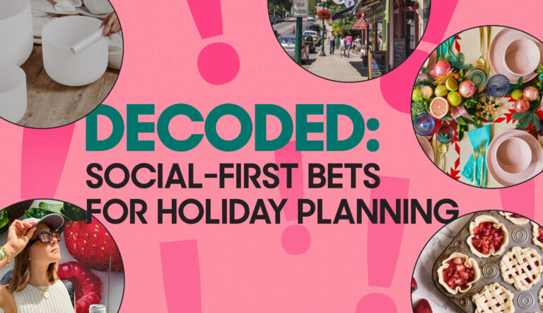 Image Text: DECODED: Social-First Bets for Holiday Planning. On a pink background with exclaimation points. Overlaid images include: Sound Bath bowls, a city street, a holiday table scape, strawberry pies in process of being assembled, and a young woman in a hat and sunglasses looking to her left.